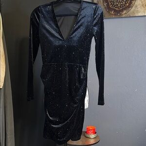 Black Sparkle Velvet Midi Dress with V-Neck